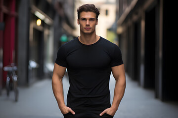 Fototapeta premium Um lindo rapaz com camiseta preta modelo