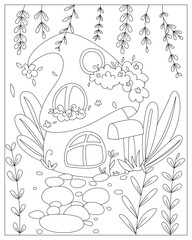 Children's coloring book for creativity. A large fairytale mushroom house with windows filled with flowers. Autumn nature, tall grass. Path made of stones leading to the house.