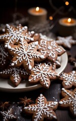 Christmas gingerbread cookies with snowflakes on a dark background.