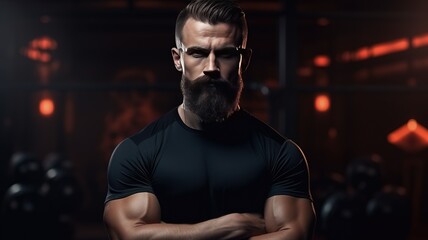 Obraz premium Close up view of hardworking active fitness strong bearded bodybuilder man on urban gym background while looking far away. personal trainer for sports with copy space. ai