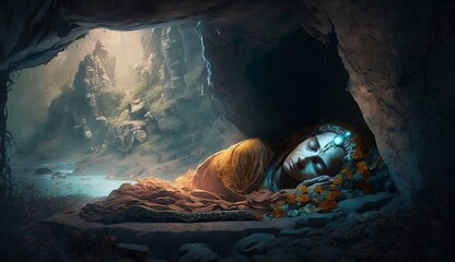 Lord krishna cave sleep night vishnu wallpaper image AI generated art - obrazy, fototapety, plakaty