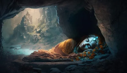 Foto auf Leinwand Lord krishna cave sleep night vishnu wallpaper image AI generated art © Biplob
