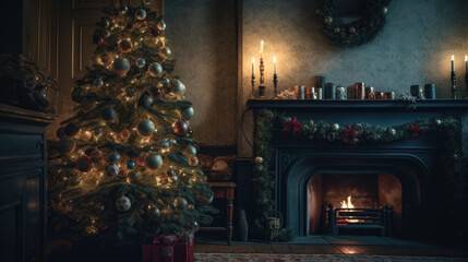 Christmas Tree With Decorations Near A Fireplace with Lights.