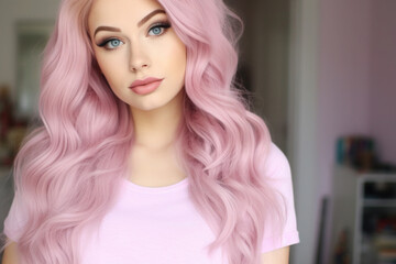 young woman with pink hair. stylish girl with a fashionable hairstyle