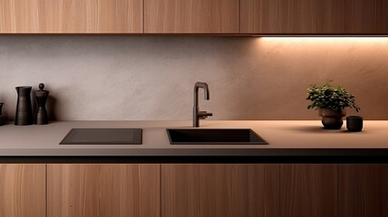 modern kitchen interior with sink and faucet on wooden wall.