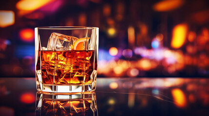 Drink on a beautiful glass with a blurred bar background
