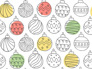 Seamless pattern of doodle Christmas balls. Hand drawn outline festive circle bauble background. Xmas decoration for design of wrapping paper, fabric, wallpaper, banner