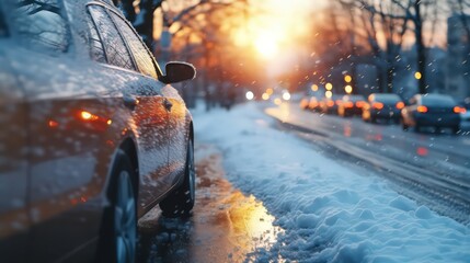 Dynamic shot of a car maneuvering in winter city traffic after rain by Generative AI - obrazy, fototapety, plakaty