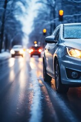 Dynamic shot of a car maneuvering in winter city traffic after rain by Generative AI - obrazy, fototapety, plakaty