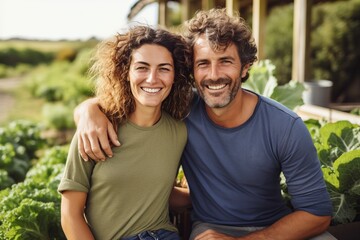 happy couple in the cultivated field posing in front of the camera