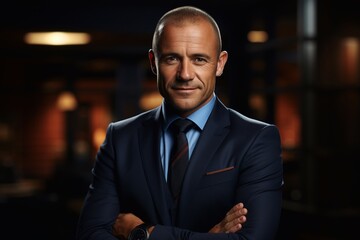 Fototapeta premium The businessman looks into the camera and smiles enigmatically.