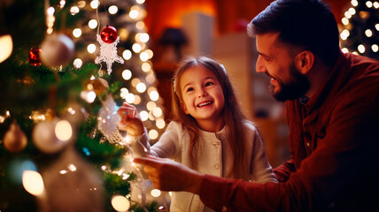Obraz na płótnie Canvas cute happy little girl decorating xmas tree with red christmas lights