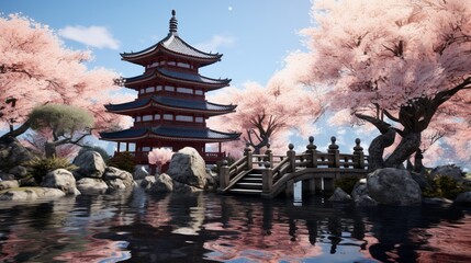 A tranquil pagoda nestled amongst cherry blossoms, with a koi pond reflecting the azure sky