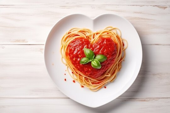 Heart shaped spaghetti with tomato sauce and parmesan cheeses on white plate. AI Generated