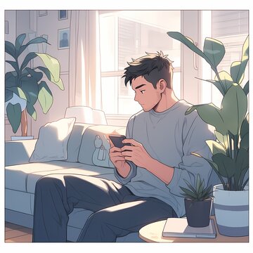 Man on his phone in his home on the couch enjoying reading a book on his phone