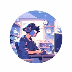 Developer of a VR game working tirelessly, blue design, work marketing clean anime design