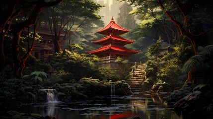 A tranquil temple nestled in a bamboo forest, with red pagoda roofs peeking through the foliage