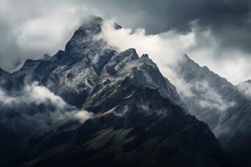 Dramatic clouds enveloping mountain peaks, ideal for weather and nature themes.

