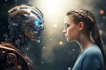 caucasian woman versus a robot looking at each other's faces