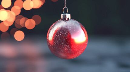 Décoration de Noël, boule de Noël rouge. Paysage hivernal, ambiance chaleureuse. Pour conception et création graphique.