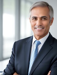 A content mid-aged senior executive businessman stands in an office. A confident 50-year-old mature professional manager, a self-assured businessman-investor, gazes at the camera, a close-up headshot