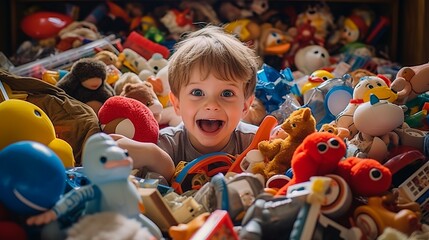 Child hugging a favorite toy amidst packed belongings - obrazy, fototapety, plakaty