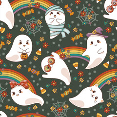 Halloween theme seamless pattern with cute ghosts. Boho, hippie style, rainbow, flowers, candies. Vector illustration.