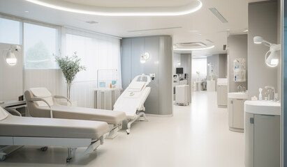 Interior of modern hospital room or ward with beds in warm, soft tones and white lights - obrazy, fototapety, plakaty