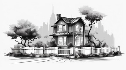 Two one story residential house black and white design illustration picture AI generated art