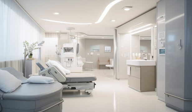 Interior of modern hospital room or ward with beds in warm, soft tones and white lights