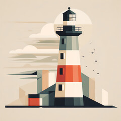 Mid-Century Inspired Lighthouse Illustration with Flat Colors and Clean Lines