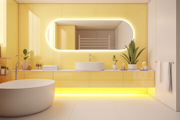 Fototapeta na wymiar Interior of bathroom with ellipticilluminate mirror on yellow wall in modern house.