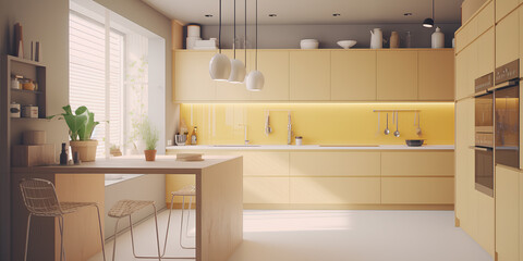 Interior of large kitchen in pale yellow color