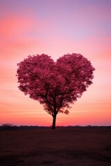 Fototapeta na wymiar Pink Heart Shaped Tree on sunset. AI Generated