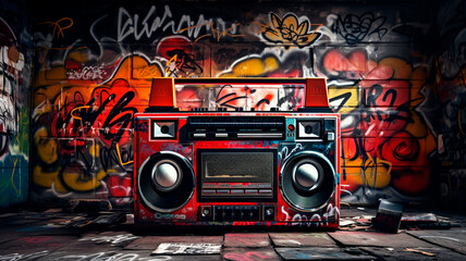 Fototapeta na wymiar vintage radio on the background of old brick wall.