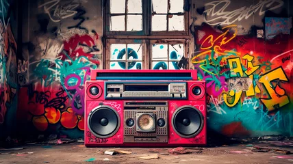 Foto op Plexiglas vintage radio on the background of old brick wall. © Aram