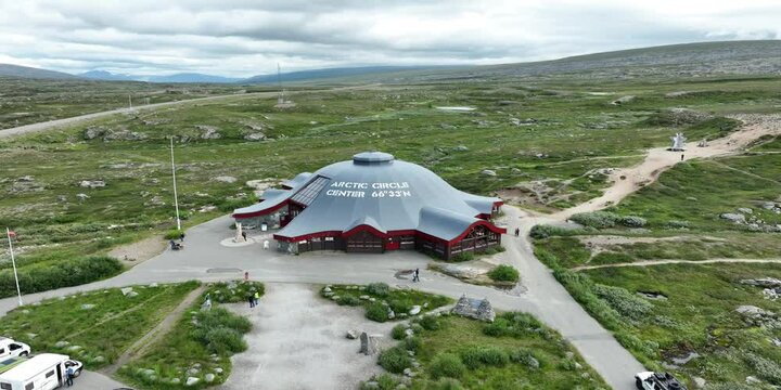 aerial shot of the arctic circle center in storforshei, norway