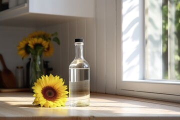 Clear glass bottle with clean transparent liquid, water or vodka on the table with blurred kitchen background and sunflower flower. Mockup, template, layout With copy space for text