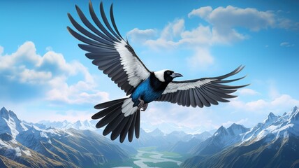 Graceful magpie in flight against mountainous horizon. majesty of birds. Ornithology, birdwatching, scientific research. For cover design, stationery, scientific journal, presentation, banner, poster. - obrazy, fototapety, plakaty