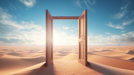 Wooden double door standing open in desert. Yellow desert, dunes, blue sky and clouds. Gate and exit. Travel, new opportunities. The concept of finding yourself and your capabilities. - obrazy, fototapety, plakaty