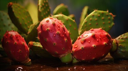 Fruit Prickly Pear. Whole red fruits on green background of leaves and drops. Macro. Exotic sweet fruit of Opuntia cactus. Vegan eco dessert. Supermarket, advertising, restaurant, menu, food blogging.