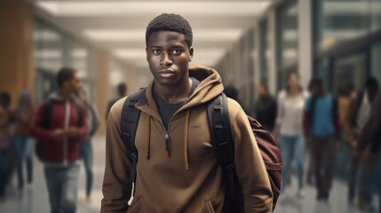 Fototapeta na wymiar Young African American refugee traveler with backpack in lobby of a campus training center with students in the background in out of focus. Refugee education. Exchange student. University. Immigrant.