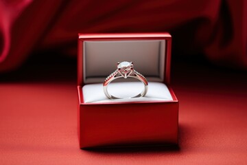 Wedding ring with large cut diamonds in red box on red background. Engagement ring in white gold or platinum with diamonds. Jewelry. For presentation, poster, banner, brochure of jewelry store