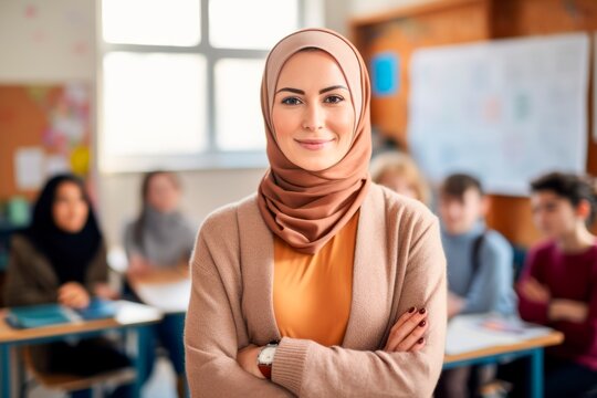 muslim woman  teacher in classroom with arms crossed, looking at camera with learning students on background . cheerful education from elementary to university, education concept