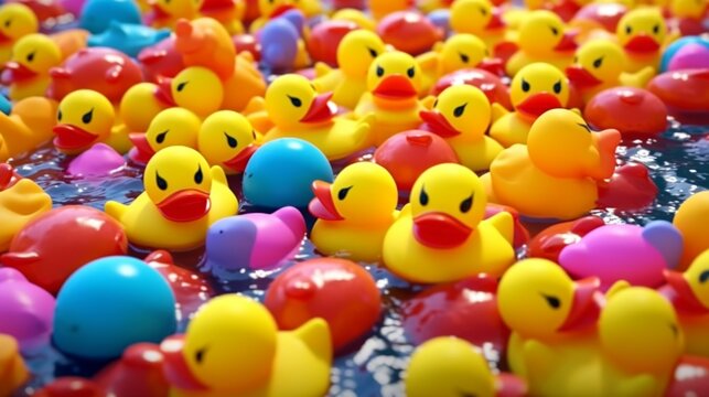 Beautiful trendy rubber ducks floating in a pool colorful Ai generated art