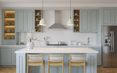 Blue kitchen interior with island. Stylish kitchen with white countertops. 