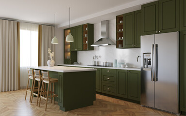 Green kitchen interior with island. Stylish kitchen with white countertops. 