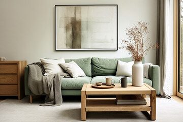 Green sofa near wall with big poster frame. Scandinavian home interior design of modern living room.