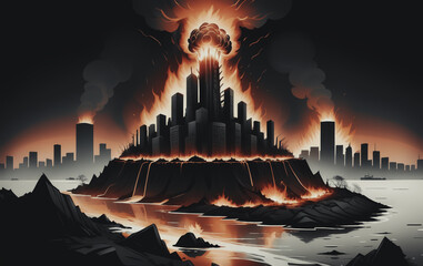 illustrazione arte astratta a tema apocalittico, devastazione e distruzione in una città immaginaria, grafica - obrazy, fototapety, plakaty