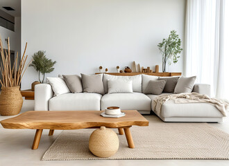 Live edge coffee table near sofa with grey pillows. Minimalist scandinavian home interior design of modern living room. - obrazy, fototapety, plakaty
